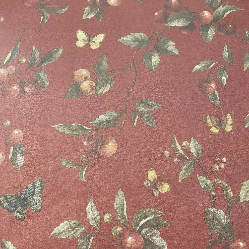 Vintage Red Cherries Wallpaper Imperial Prepasted Vinyl New Roll Old Stock